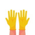 Hands putting on protective yellow gloves