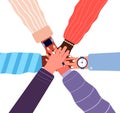 Hands putting together. People business cooperation, unity and teamwork. Stacked up friend hands, partnership community Royalty Free Stock Photo