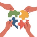 Hands with puzzles made a heart. Puzzle pieces symbol of teamwork. Solving a business problem in a puzzle