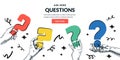 Hands with question marks. Vector sketch collage. Thinking, decision making, problem solving, education, idea concept Royalty Free Stock Photo