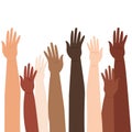 Hands raised, different people from different ethnic groups. Racial equality.