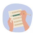 Hands raised up hold a pencil and choose the correct answer from the checklist. Successful performance of business tasks Royalty Free Stock Photo