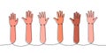 Hands raised up one line colored continuous drawing. Voting, volunteering continuous colorful one line illustration