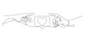Hands reach for like in form of heart, in pursuit of public popularity in social networks, continuous line drawing