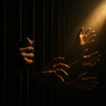 Hands Reaching Toward Light Through Prison Bars Royalty Free Stock Photo