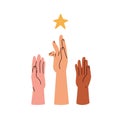 Hands reaching up to star, wishing, aspiring to goal, dream. Aspiration to success, fortune, trophy, prize. Hope