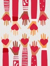 The hands of people with different skin colors, different nationalities and religions hold a red heart. Vertical banner Royalty Free Stock Photo