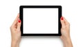 Hands with red nail polish holding a tablet Royalty Free Stock Photo
