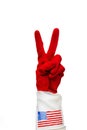 Hands in red rubber gloves with a USA flag on it making two fingers , on white background. everything is cool sign. concept world