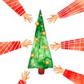 Hands with red sleeves reaching for the Christmas tree watercolor illustration