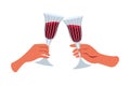 Hands with red wine in glasses. Male and female wrists hold glasses of champagne and wine. Hands hold glasses, raise toasts. Royalty Free Stock Photo