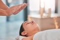 Hands, relax woman or reiki spa for headache pain relief, depression healing or stress management in healthcare wellness Royalty Free Stock Photo