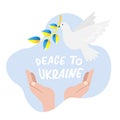 hands release a dove of peace blue-yellow branch the inscription of peace in Ukraine