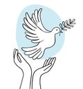 Hands release a flying pigeon with a branch . Dove of peace on a background of blue sky. Hand drawn line sketch. Bird symbol of Royalty Free Stock Photo