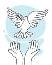 Hands release a flying pigeon with a branch . Dove of peace on a background of blue sky. Hand drawn line sketch. Bird symbol of Royalty Free Stock Photo