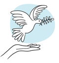 Hands release a flying pigeon with a branch . Dove of peace on a background of blue sky. Hand drawn line sketch. Bird symbol of Royalty Free Stock Photo