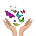 Hands releasing colorful monarch butterflies. Vector illustration