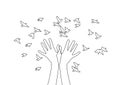 Hands releasing a flock of birds. Spring design, spring hand drawn linen illustration for logotype, coloring book, greeting card Royalty Free Stock Photo