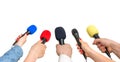 Hands of reporters with many microphones
