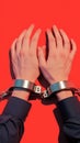 Hands restrained in handcuffs against bold red background, legal concept