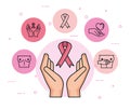 Hands with ribbon with breast cancer icons