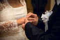 Hands with rings Groom putting golden ring