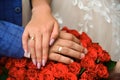 Hands and rings on wedding bouque Royalty Free Stock Photo