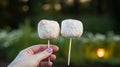 Hands roasting marshmallows on stick over evening campfire, creating a cozy and nostalgic atmosphere