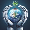 the hands of a robot taking care of planet earth.