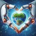 the hands of a robot taking care of planet earth.