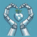 the hands of a robot taking care of planet earth.