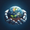 the hands of a robot taking care of planet earth.