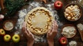 Hands rolling dough for an apple pie, surrounded by ingredients. Fall season, harvest time, cooking Royalty Free Stock Photo