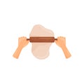 Hands rolling dough with a rolling pin, top view vector Illustration on a white background