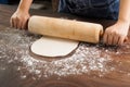 Hands with rolling pin and pie dough. Royalty Free Stock Photo