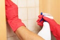 Hands in rubber gloves scrubbing bathroom