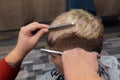 The hands of a salon worker with scissors and a comb cut the hair of a client, a barbershop guy, hairdressing services Royalty Free Stock Photo