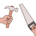 Hands with saw and hammer isolated icon Royalty Free Stock Photo