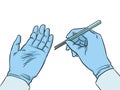 Hands of scientist in glove pop art vector