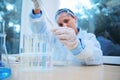 The hands of a scientist using a graduated pipette, titrate the reagent into test tubes during a scientific experiment Royalty Free Stock Photo