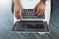 Hands, screen and business with man, laptop and keyboard with research, typing and connection. Closeup, person or Royalty Free Stock Photo