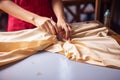 Hands of a seamstress making precise cuts on fabric in a atelier