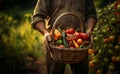 In the hands of seasoned farmers, a diverse array of freshly harvested vegetables fills the rustic charm of their