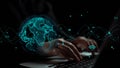 Futuristic digital concept showcasing hands typing on a laptop with glowing globe, data visualization, and Royalty Free Stock Photo