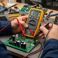 Multimeter is yellow with red and black test leads, commonly used for Royalty Free Stock Photo