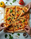 Hands selecting roman style pizza slices from a small rectangular pie on a bright white background Royalty Free Stock Photo