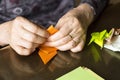 Hands of senior lady folding Origami paper