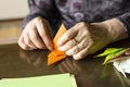 Hands of senior lady folding Origami paper