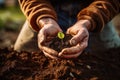 Hands of a senior man holding a small seedling in soil, Farmer hands planting seeds in soil, emphasizing gardening and agriculture Royalty Free Stock Photo