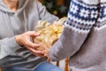 Hands of senior woman and a child holding Christmas gift Royalty Free Stock Photo